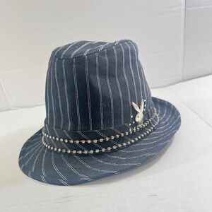 VTG Playboy Pinstripe Fedora Hat Black White Rhinestone Bunny Logo Sz Large Y2K